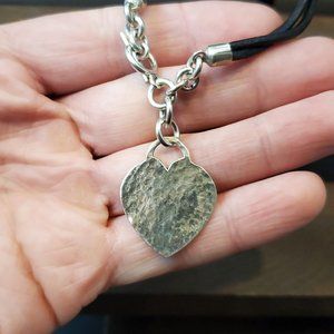 8 Inch 925 Sterling Silver & Leather Rustic Heart Bracelet